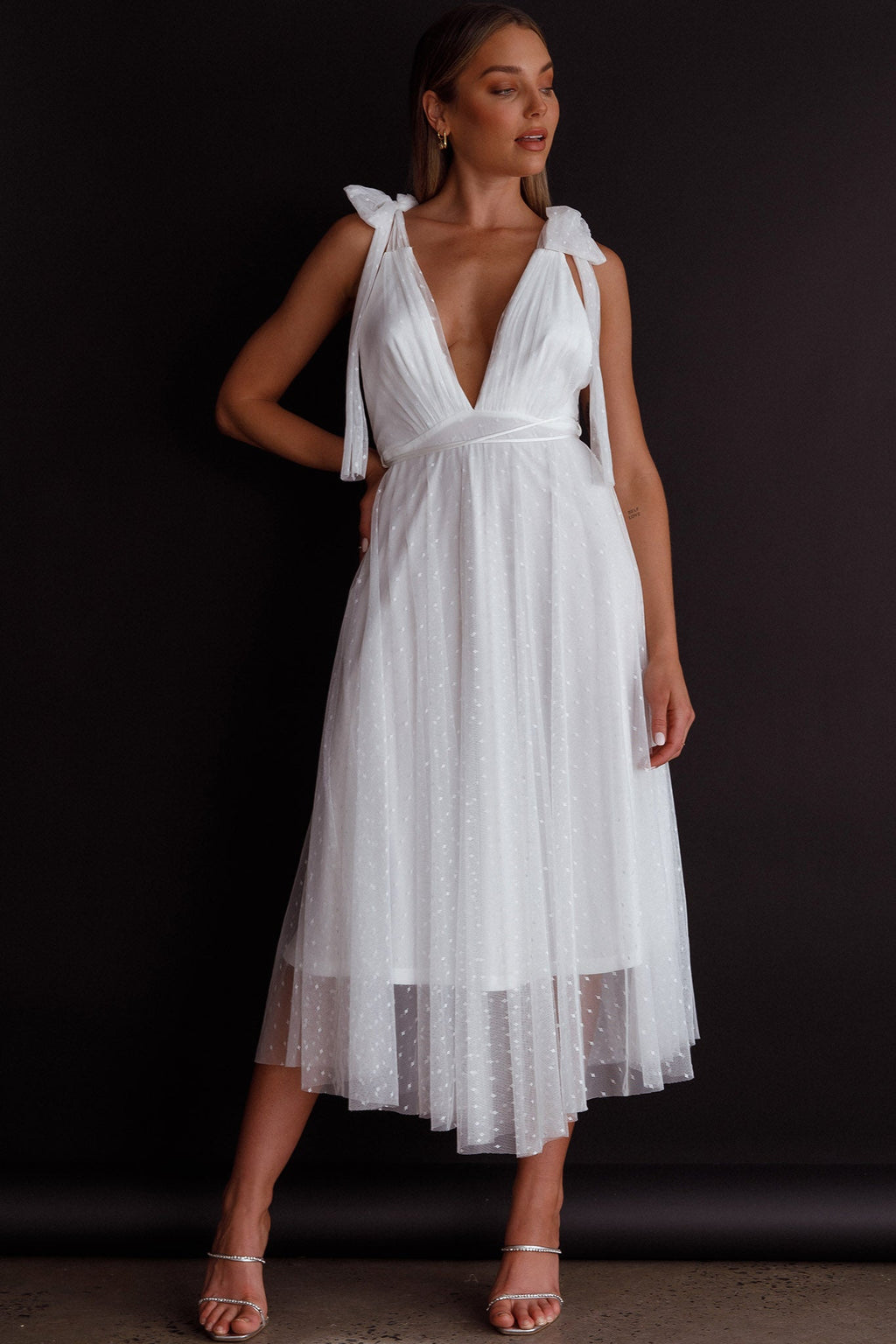 Kathryn Tied Shoulder Mesh Midi Dress White by Selfie Leslie