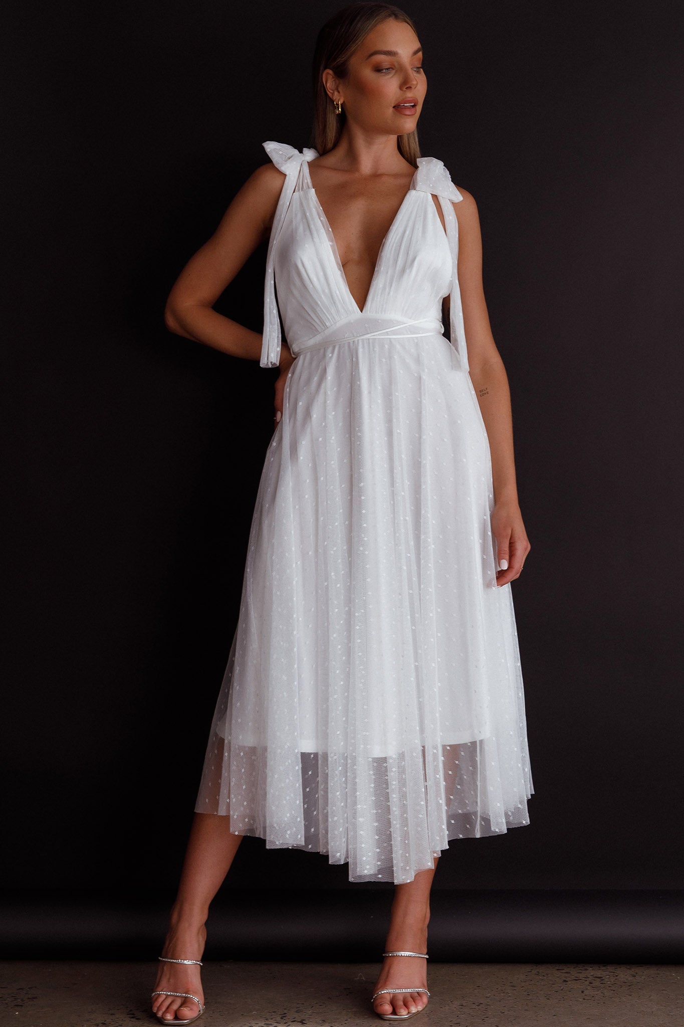 Cupid Tied Shoulder Embellished Midi Dress White
