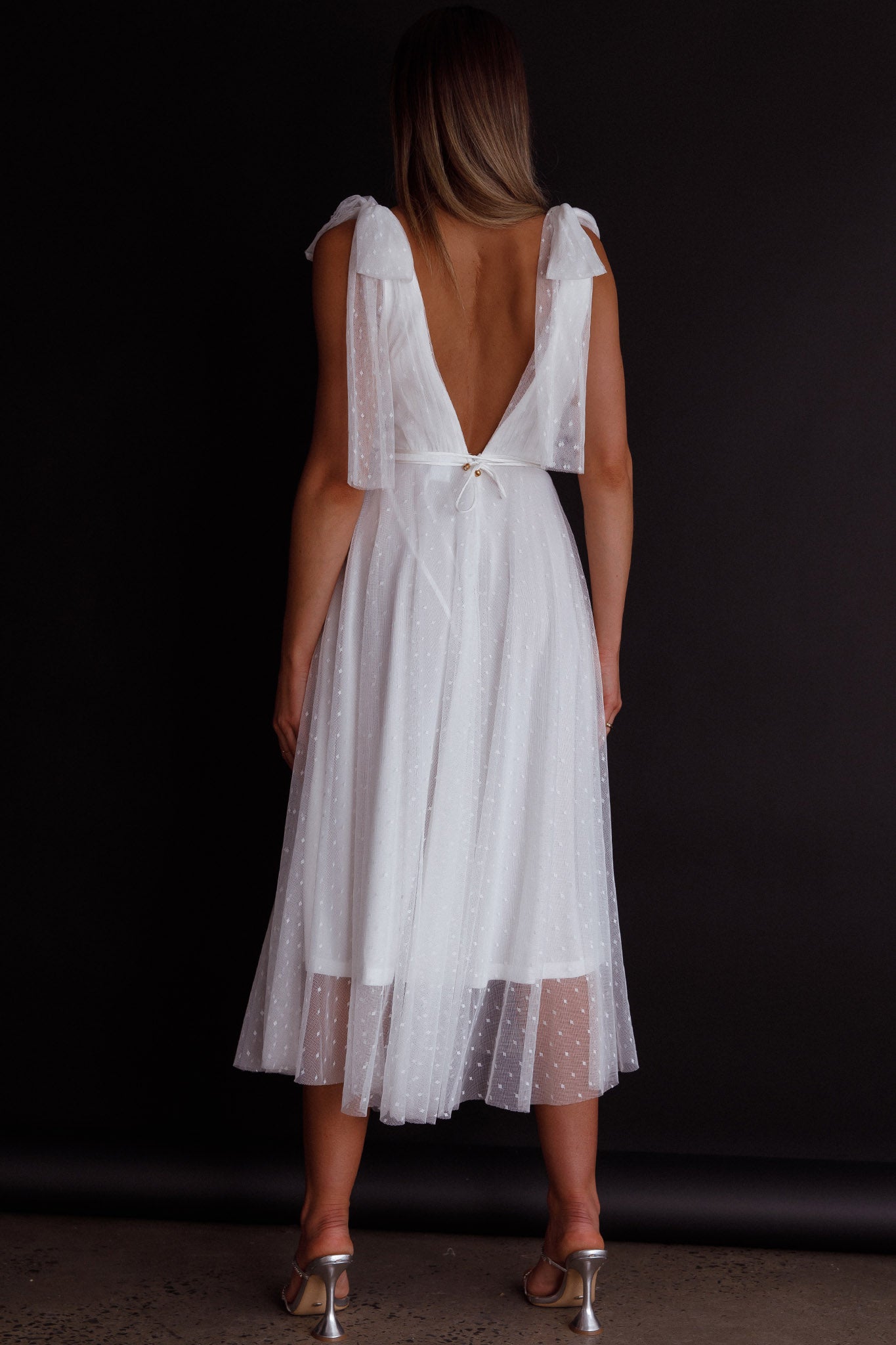 Kathryn Tied Shoulder Mesh Midi Dress White by Selfie Leslie