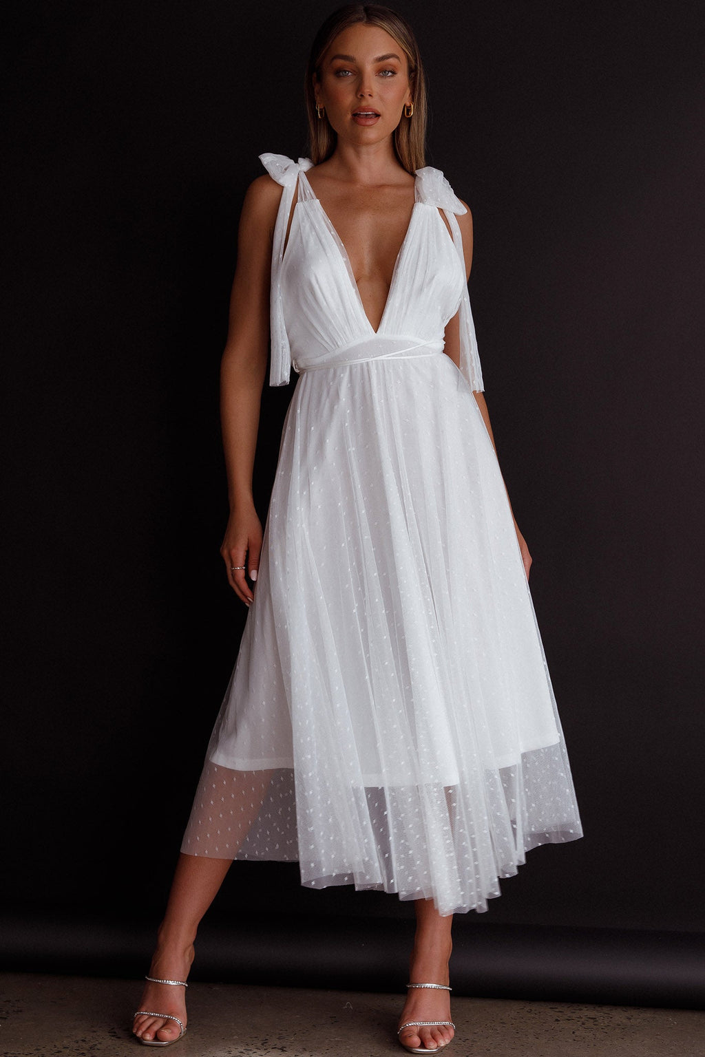 Kathryn Tied Shoulder Mesh Midi Dress White by Selfie Leslie