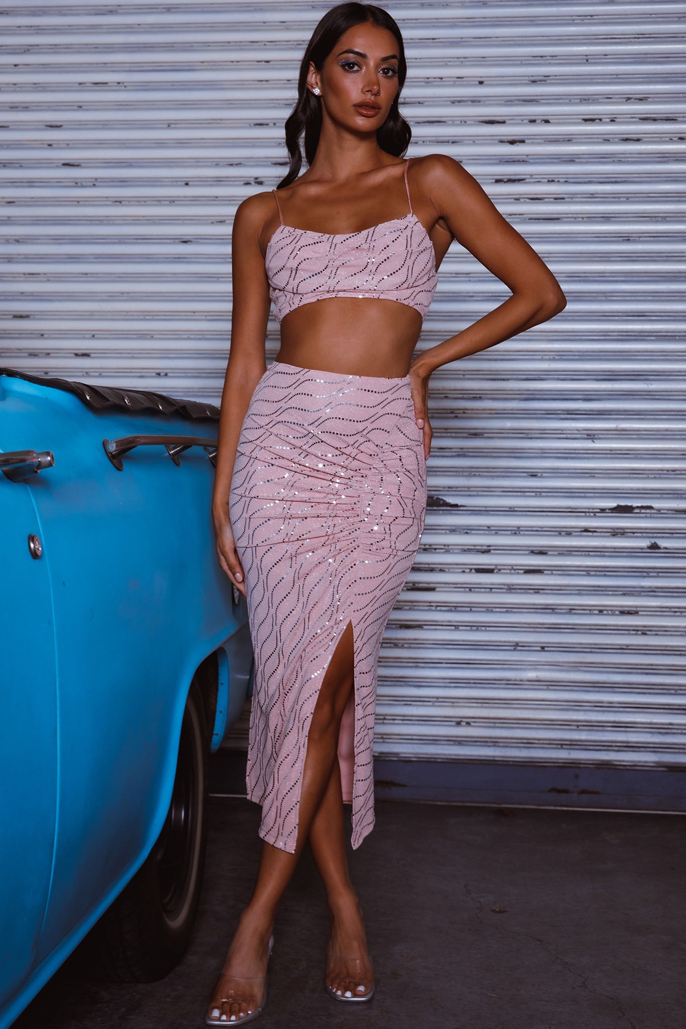 Maree Ruched Detail Midi Skirt Blush by Selfie Leslie