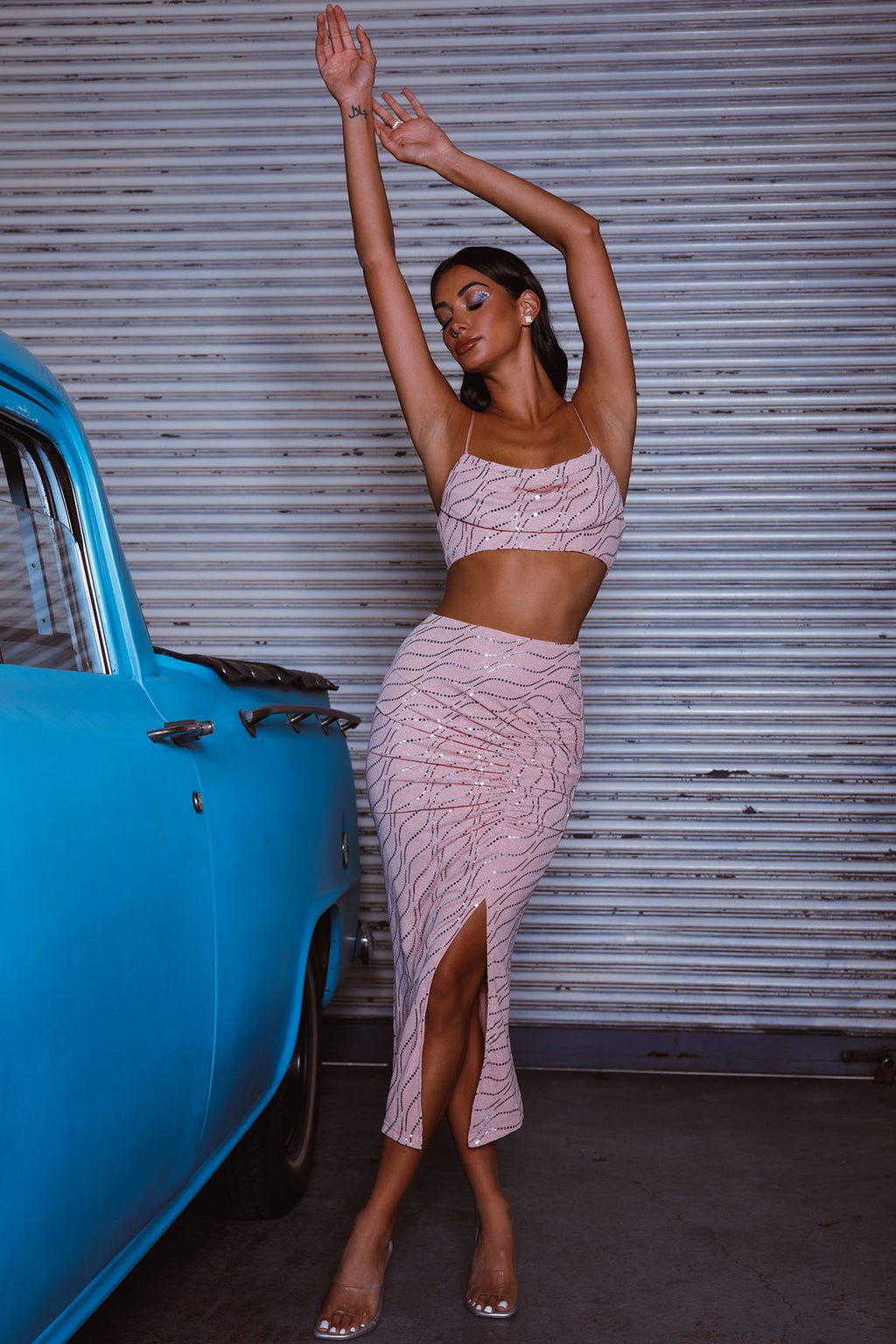 Maree Ruched Detail Midi Skirt Blush by Selfie Leslie