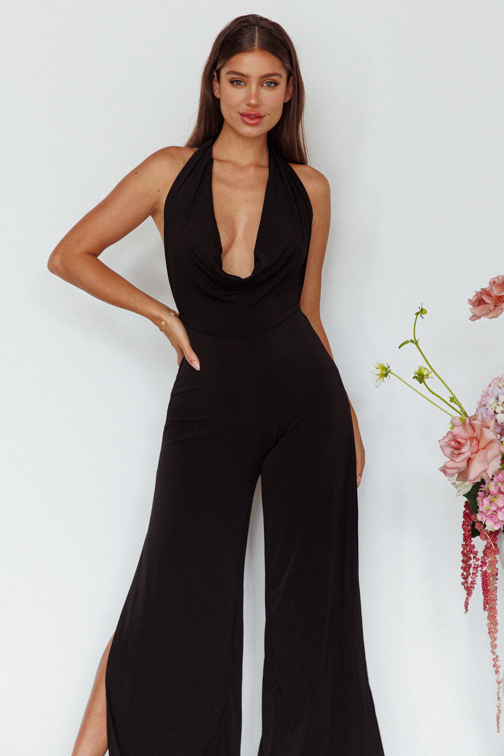 Emanuella Halterneck Split Jumpsuit Black by Selfie Leslie Australia