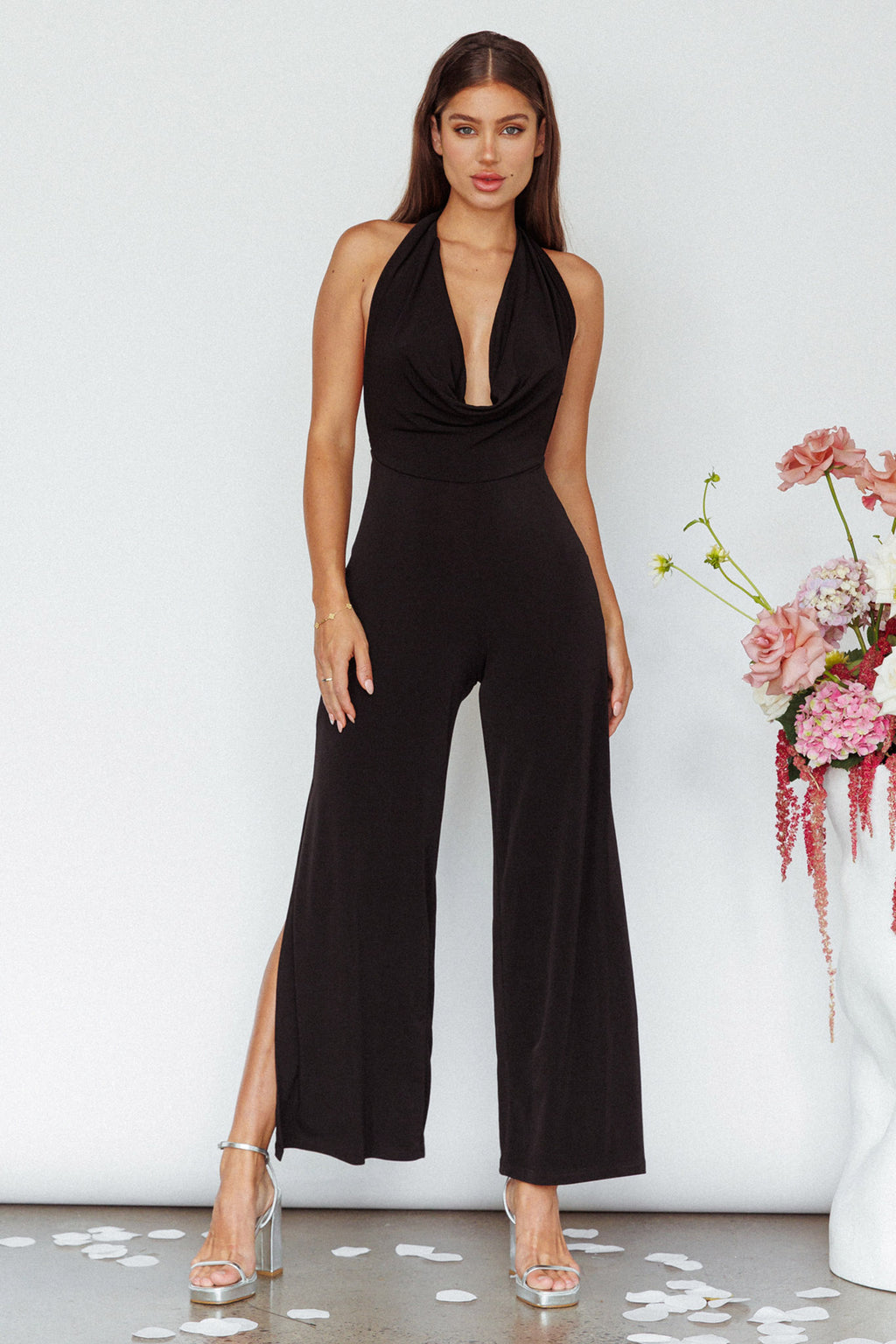 Emanuella Halterneck Split Jumpsuit Black by Selfie Leslie Australia