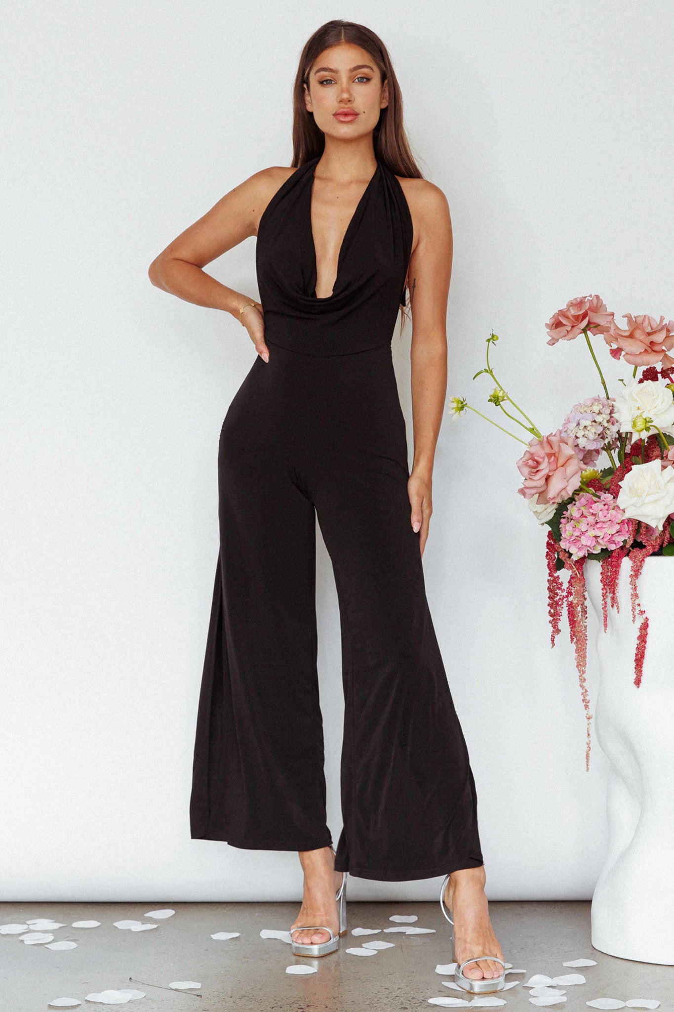 Emanuella Halterneck Split Jumpsuit Black by Selfie Leslie Australia
