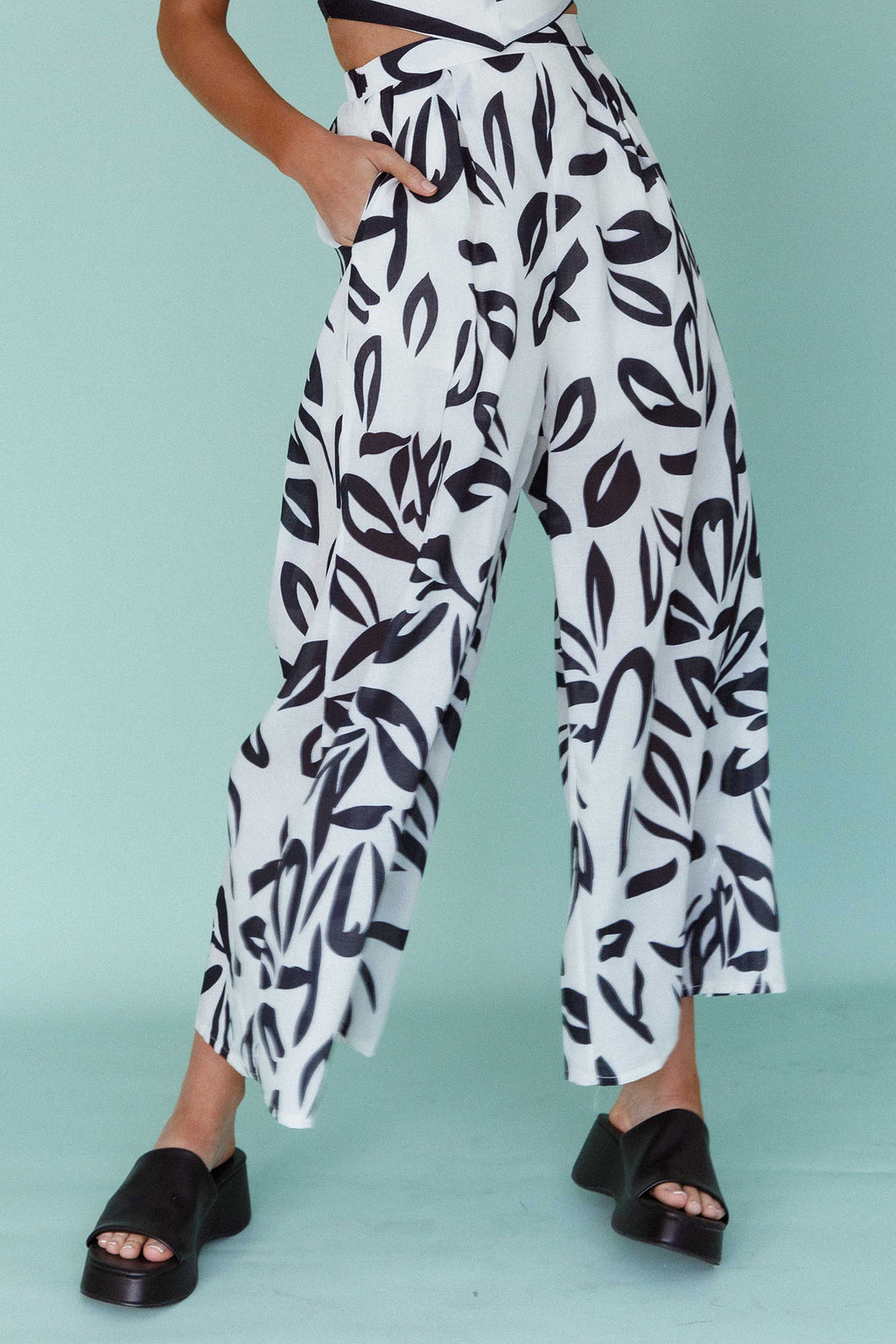 Randi Wide Leg Pants Leaf Print Black by Selfie Leslie Australia