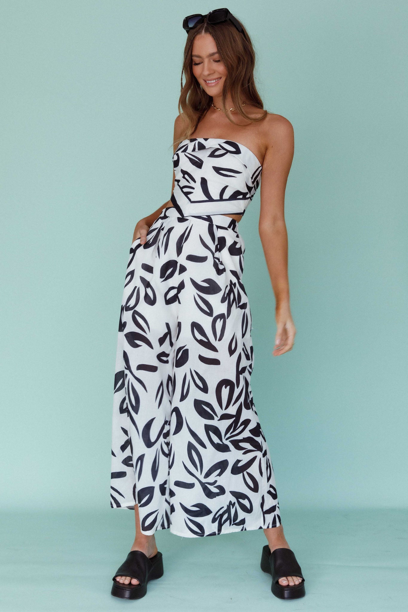 Randi Wide Leg Pants Leaf Print Black by Selfie Leslie Australia