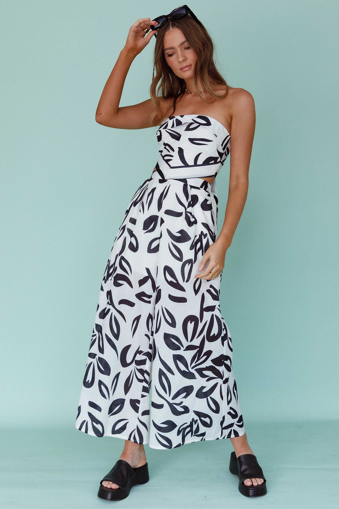 Randi Wide Leg Pants Leaf Print Black by Selfie Leslie Australia