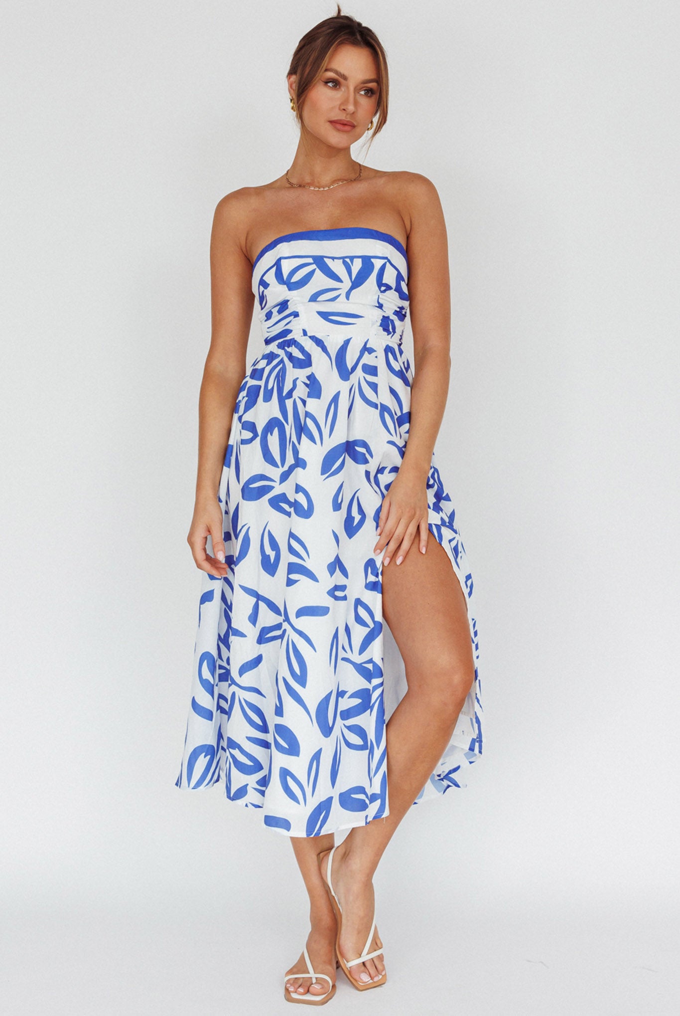 Randi Tie-Back Maxi Dress Leaf Print Blue by Selfie Leslie Australia