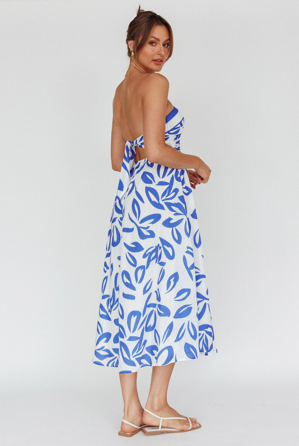 Randi Tie-Back Maxi Dress Leaf Print Blue by Selfie Leslie Australia