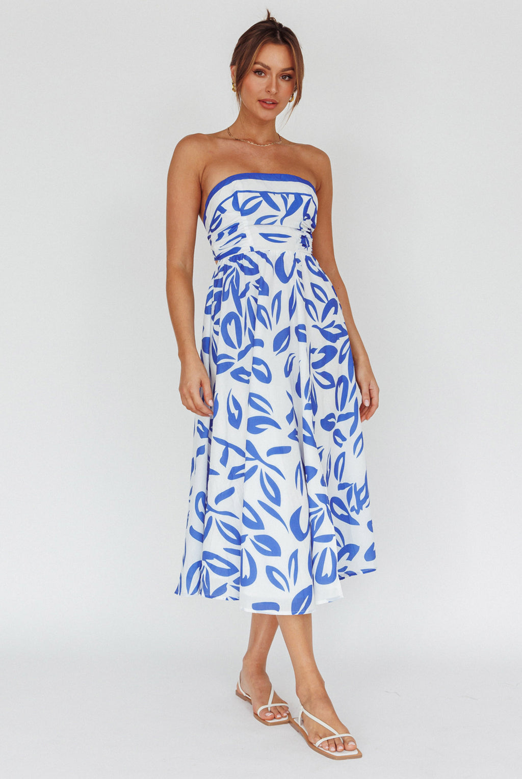 Randi Tie-Back Maxi Dress Leaf Print Blue by Selfie Leslie Australia