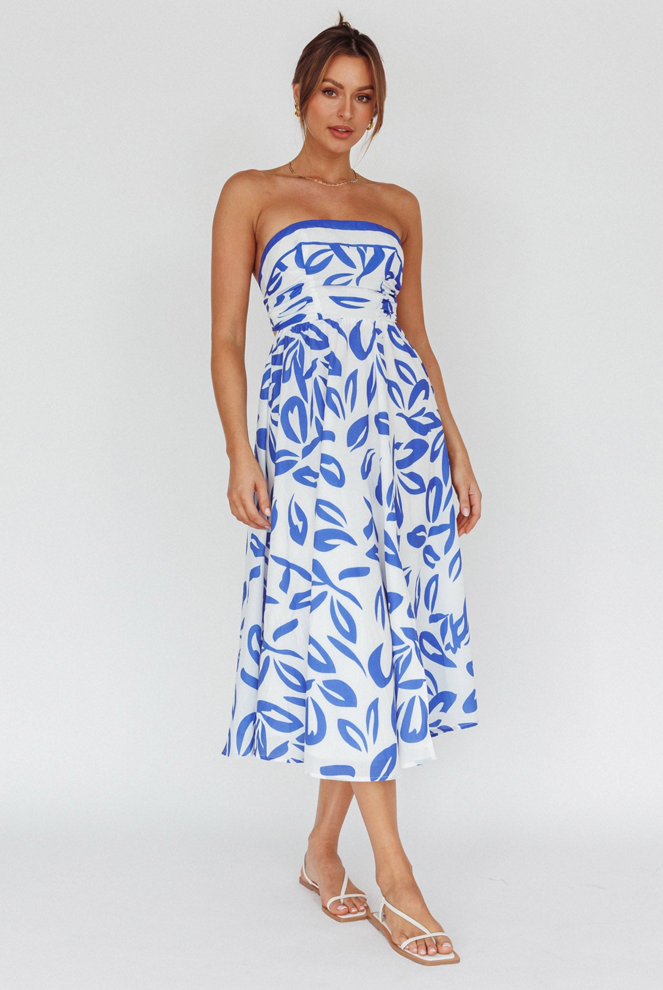 Randi Tie-Back Maxi Dress Leaf Print Blue by Selfie Leslie Australia