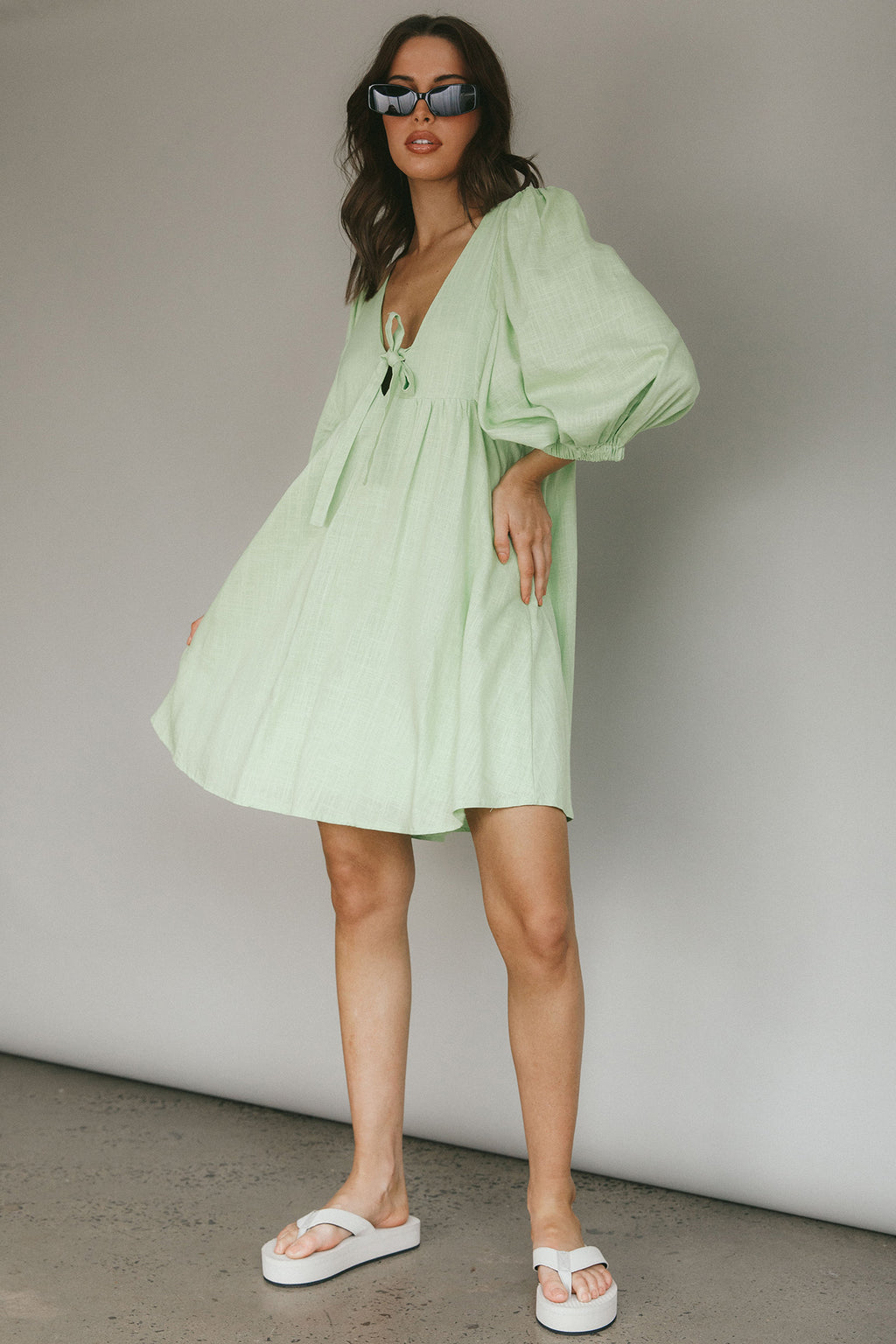 New Haven Puff Sleeve Swing Dress Lime by Selfie Leslie Australia
