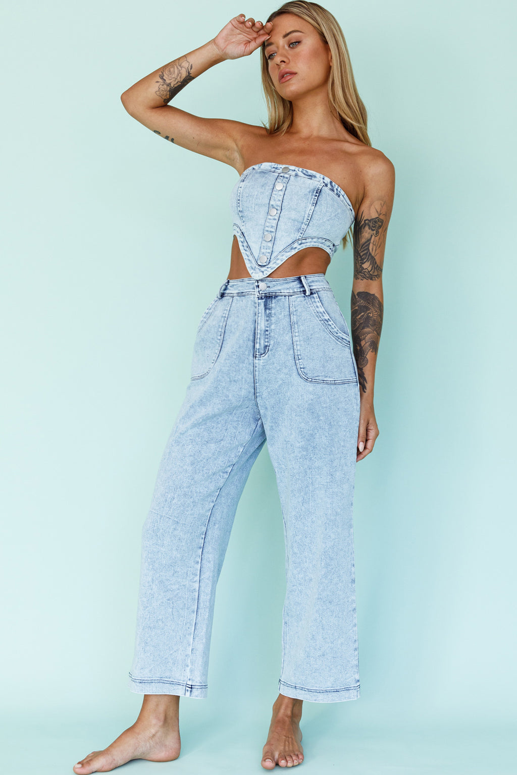 Uptown Strapless Crop Top Denim by Selfie Leslie Australia
