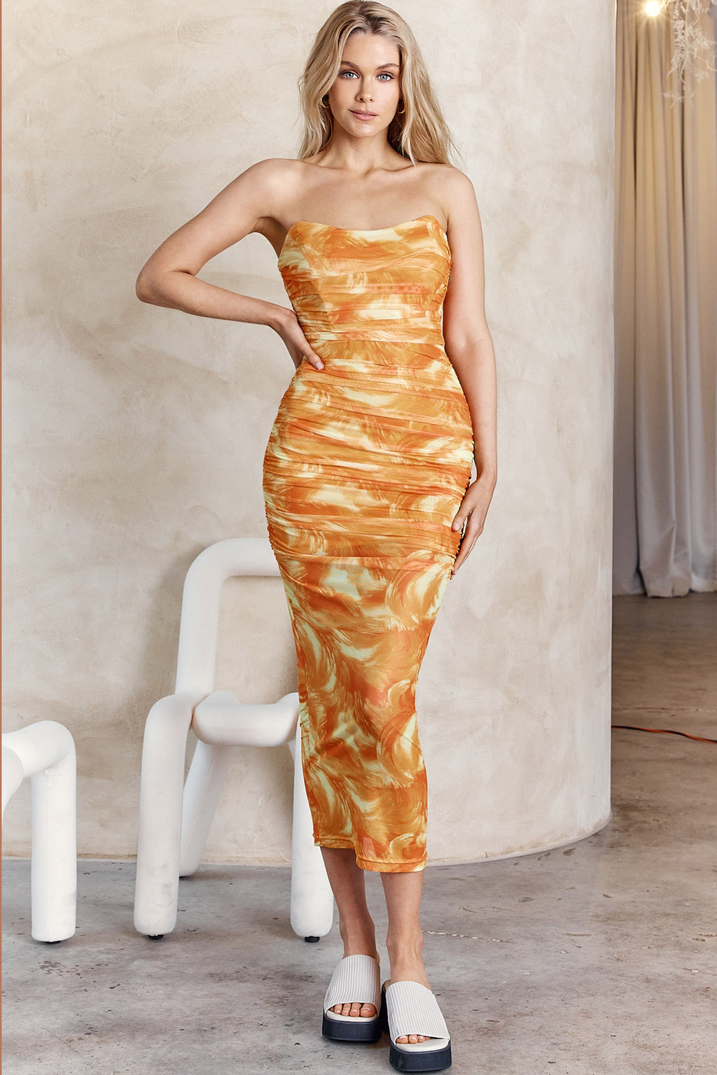 Logan Strapless Ruched Midi Dress Orange by Selfie Leslie Australia