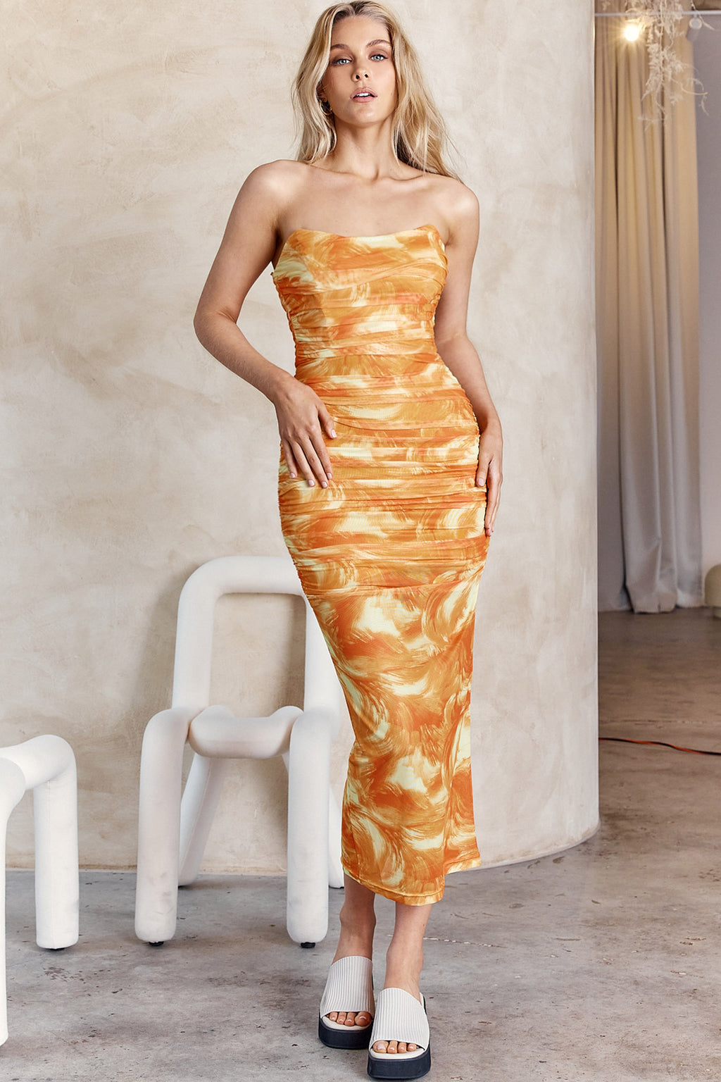 Logan Strapless Ruched Midi Dress Orange by Selfie Leslie Australia