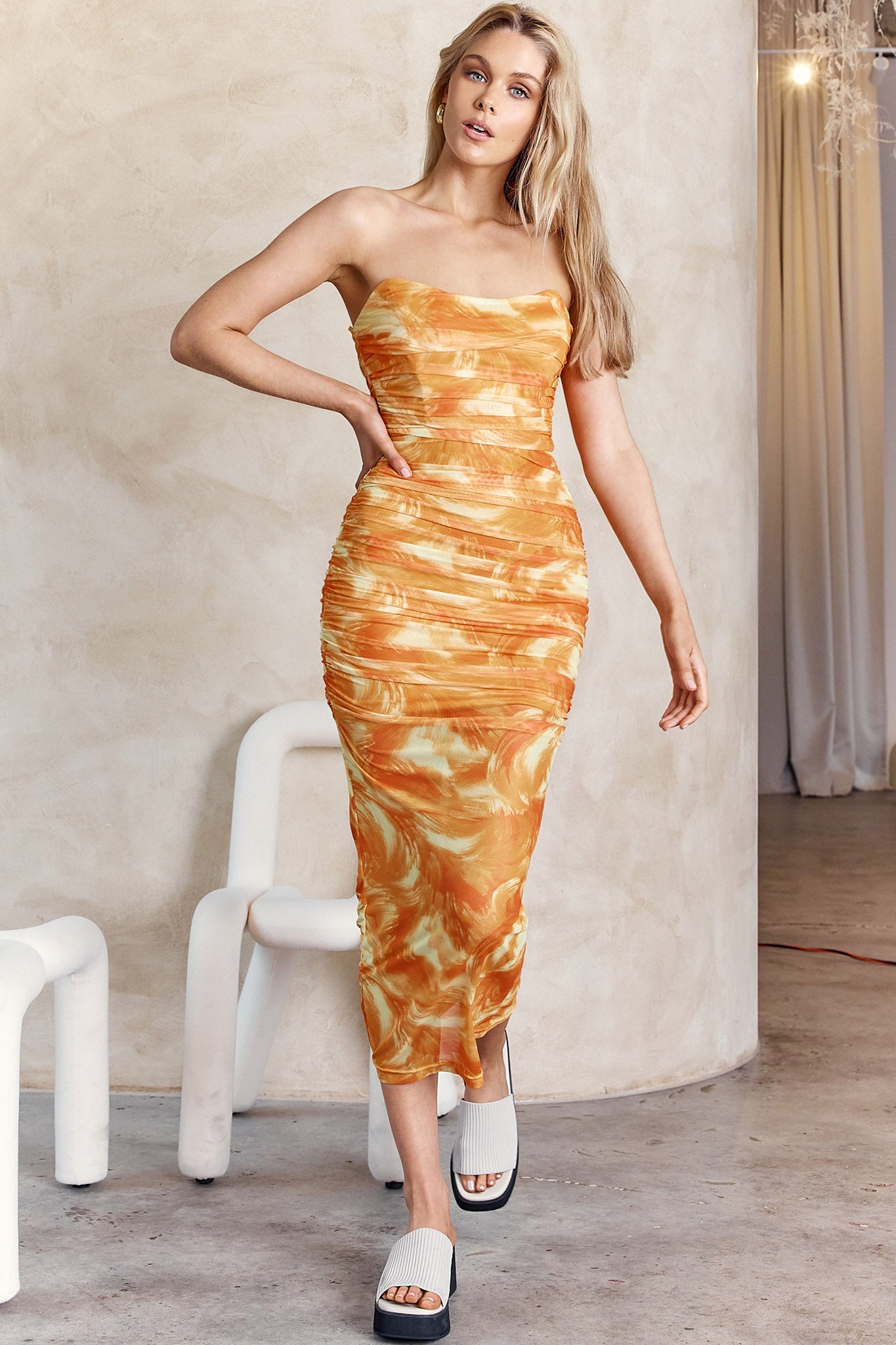 Logan Strapless Ruched Midi Dress Orange by Selfie Leslie Australia