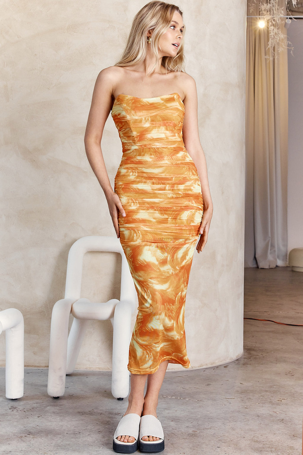 Logan Strapless Ruched Midi Dress Orange by Selfie Leslie Australia