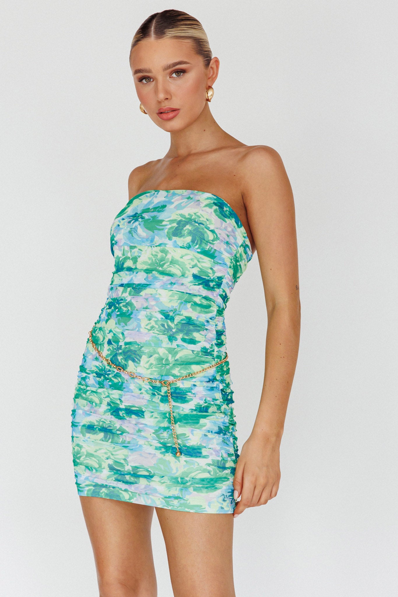 Logan Strapless Ruched Dress Floral Green by Selfie Leslie Australia