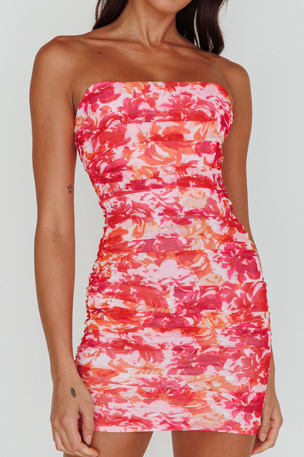 Logan Strapless Ruched Dress Floral Pink/Orange by Selfie Leslie Australia