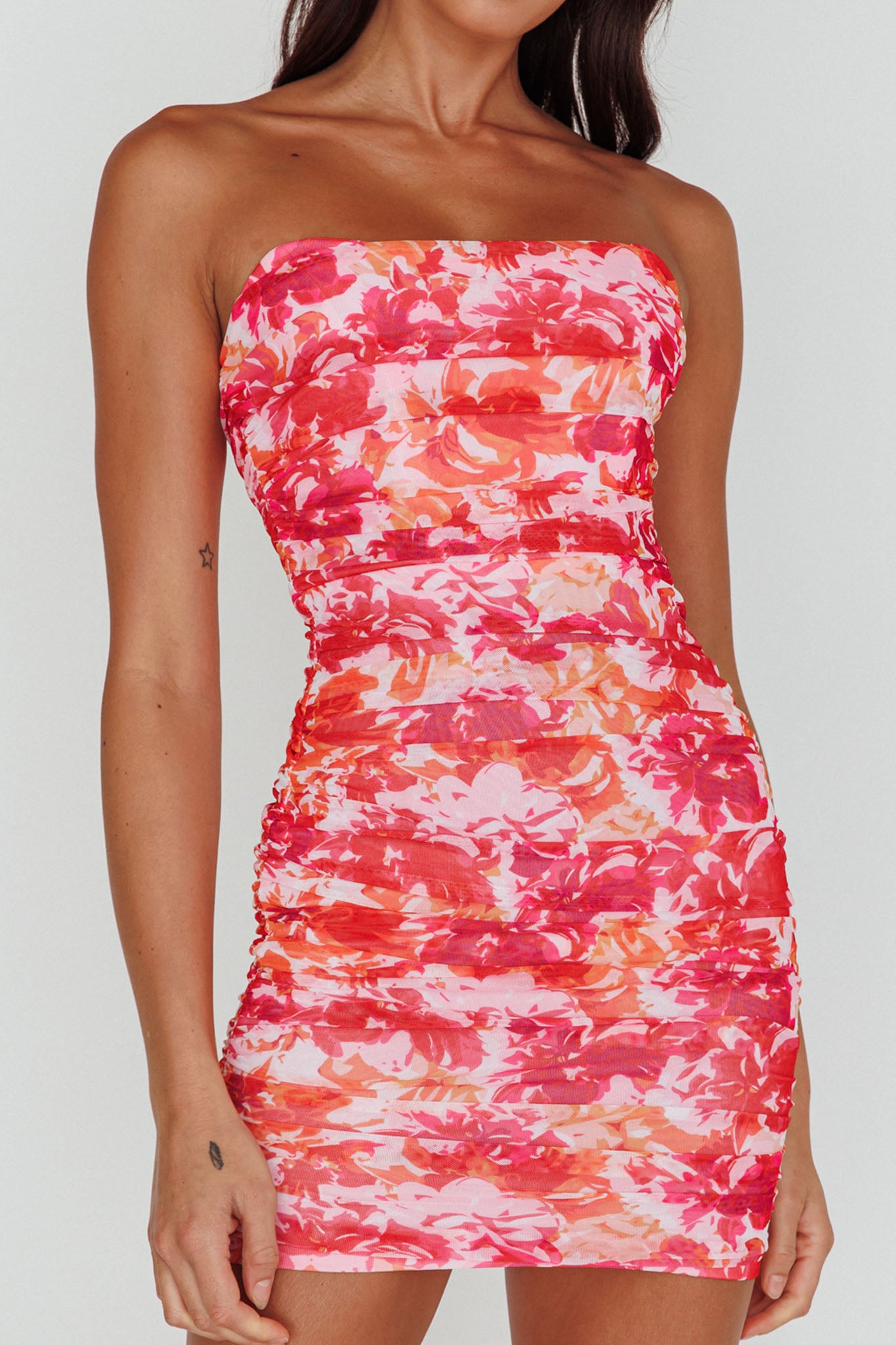 Logan Strapless Ruched Dress Floral Pink/Orange by Selfie Leslie Australia