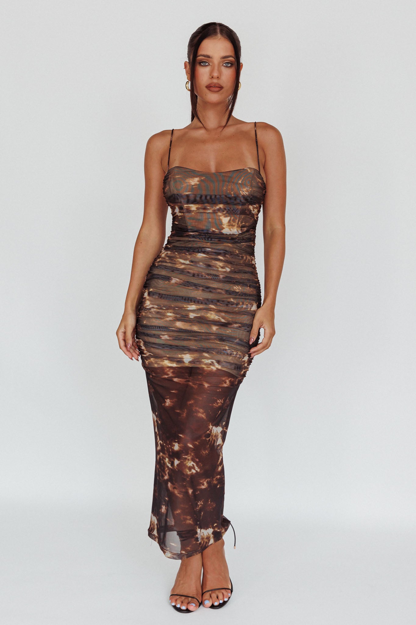 Logan Strapless Ruched Midi Dress Brown by Selfie Leslie Australia
