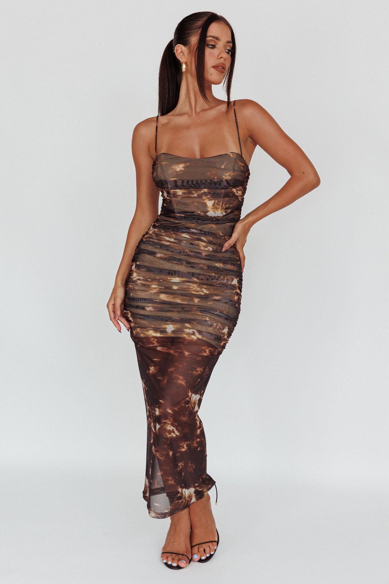 Logan Strapless Ruched Midi Dress Brown by Selfie Leslie Australia