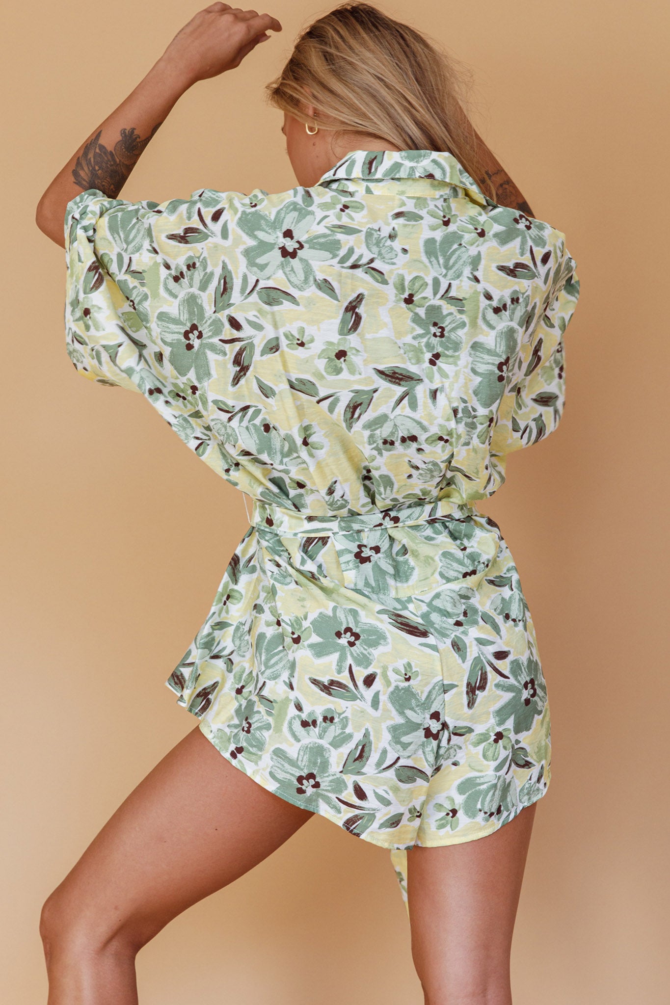 Daytona Beach Button-Up Romper Floral Olive by Selfie Leslie Australia