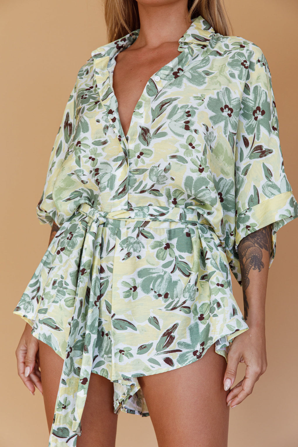 Daytona Beach Button-Up Romper Floral Olive by Selfie Leslie Australia
