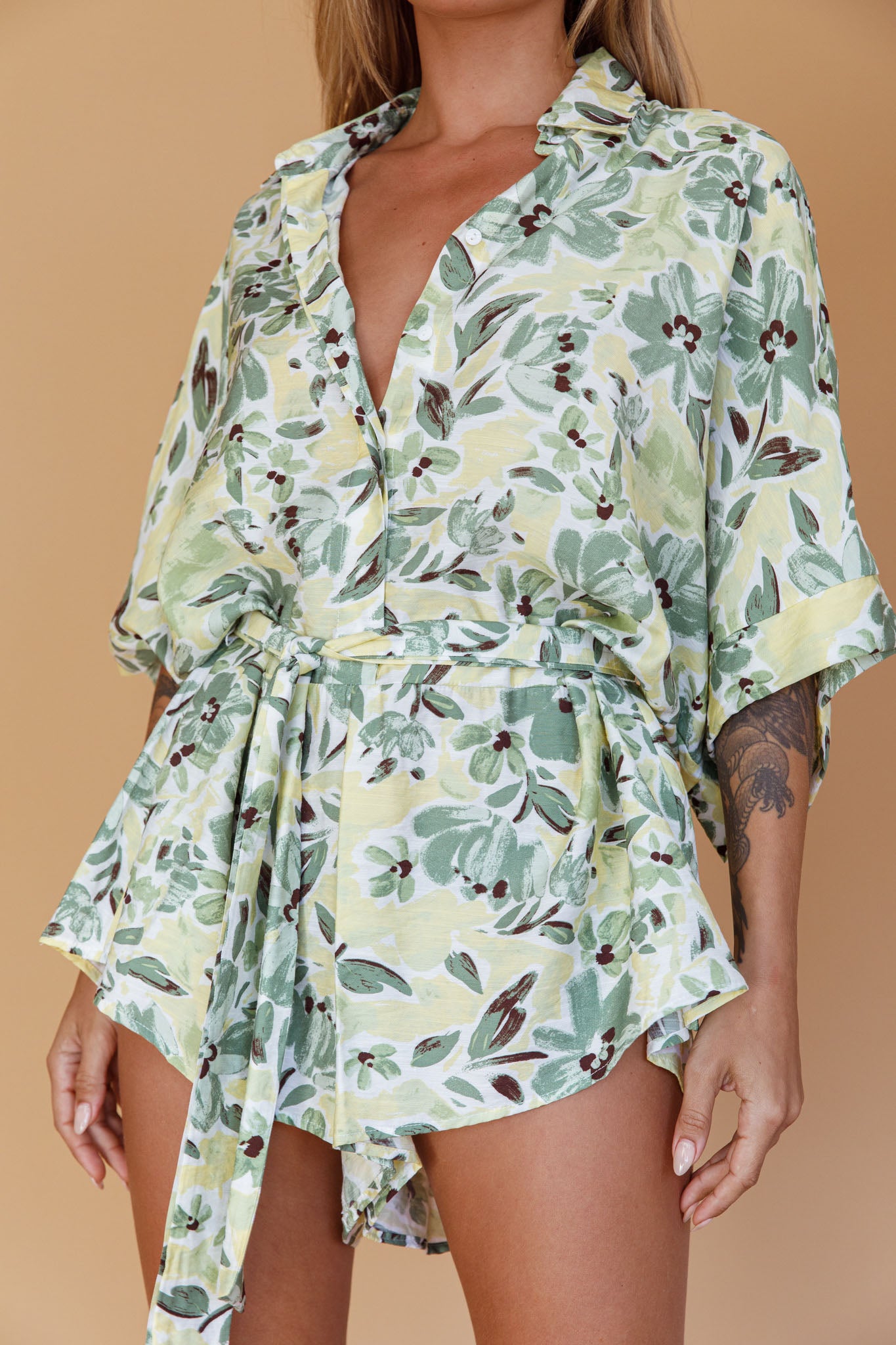 Daytona Beach Button-Up Romper Floral Olive by Selfie Leslie Australia