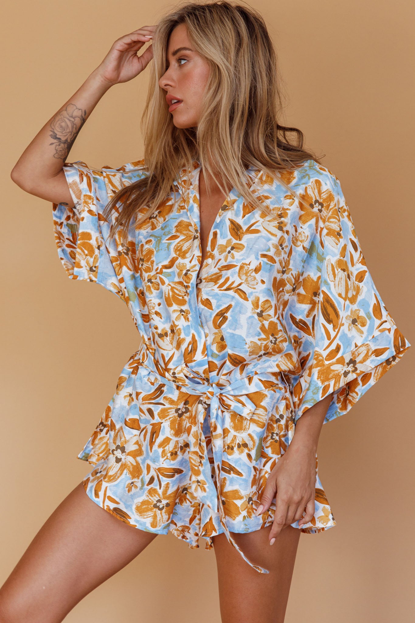 Daytona Beach Button-Up Romper Floral Blue by Selfie Leslie Australia