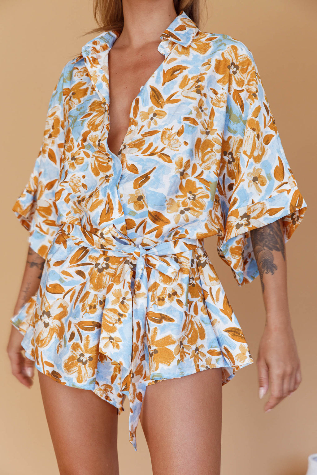 Daytona Beach Button-Up Romper Floral Blue by Selfie Leslie Australia