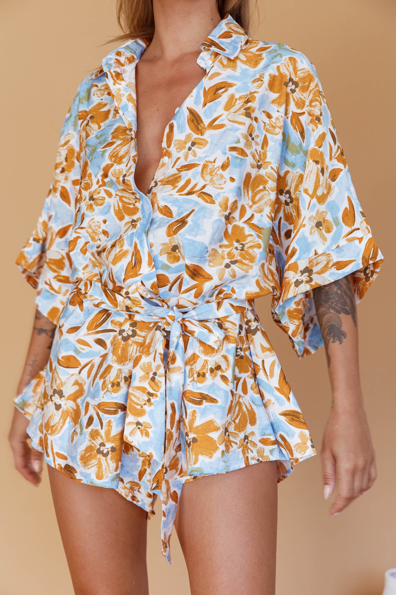 Daytona Beach Button-Up Romper Floral Blue by Selfie Leslie Australia
