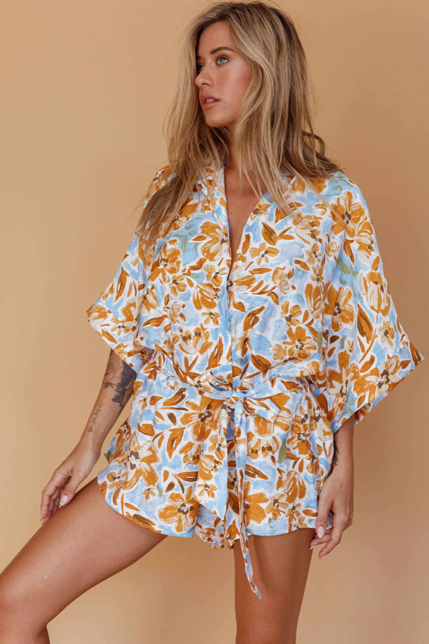 Daytona Beach Button-Up Romper Floral Blue by Selfie Leslie Australia