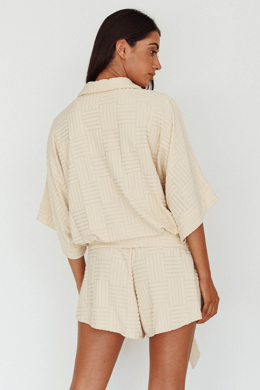 Daytona Beach Button-Up Romper Textured Beige by Selfie Leslie Australia