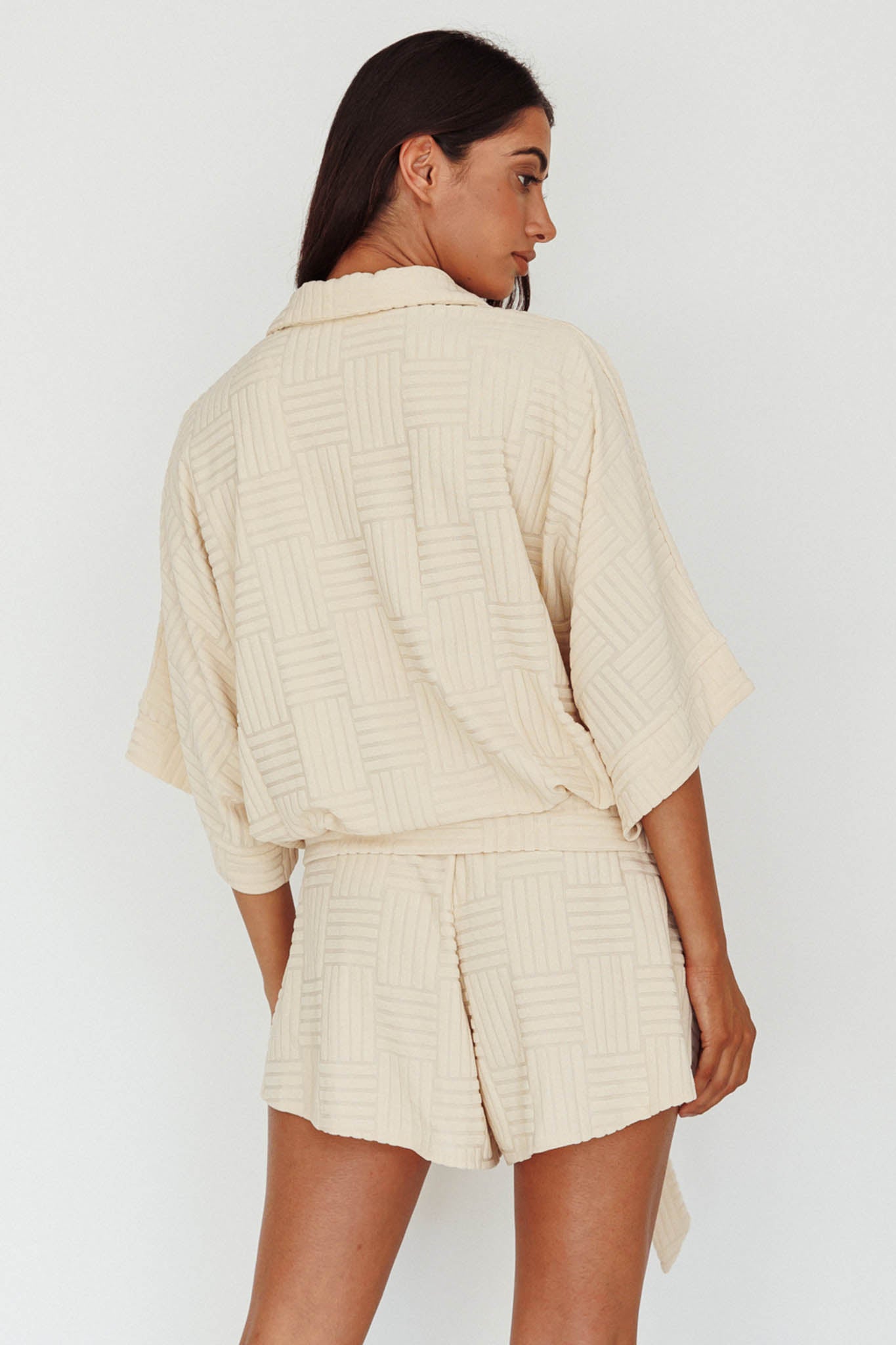 Daytona Beach Button-Up Romper Textured Beige by Selfie Leslie Australia