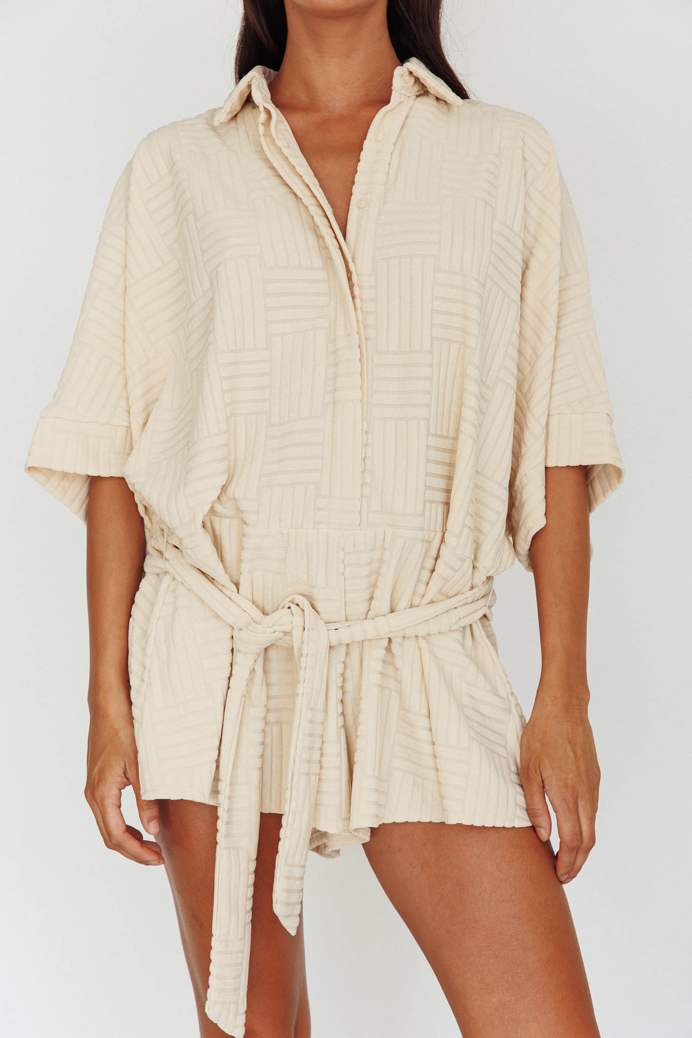 Daytona Beach Button-Up Romper Textured Beige by Selfie Leslie Australia