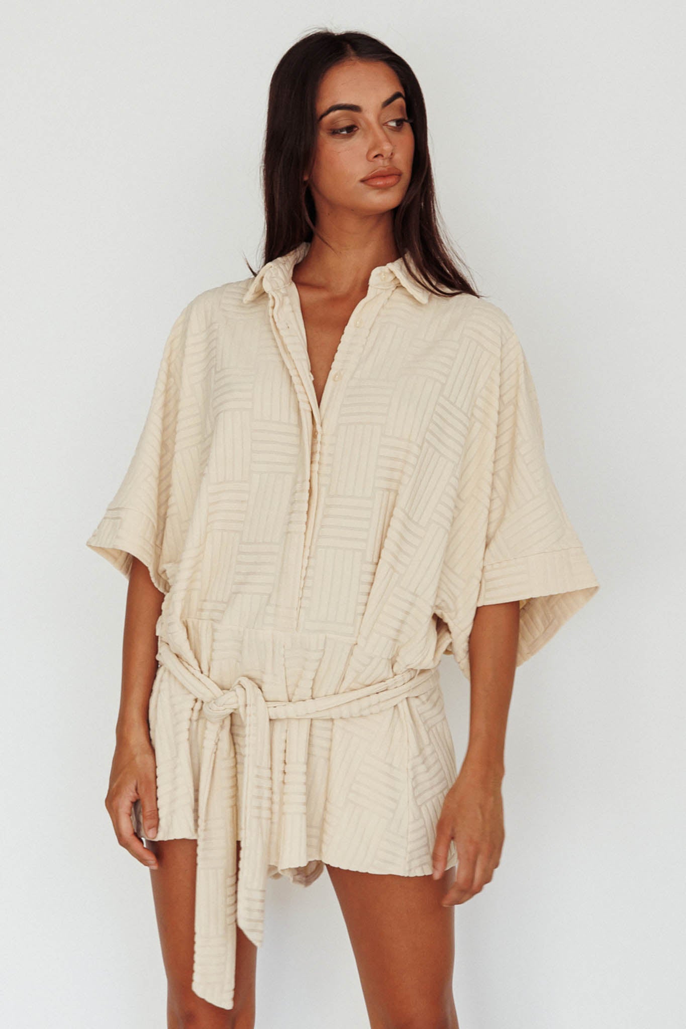 Daytona Beach Button-Up Romper Textured Beige by Selfie Leslie Australia