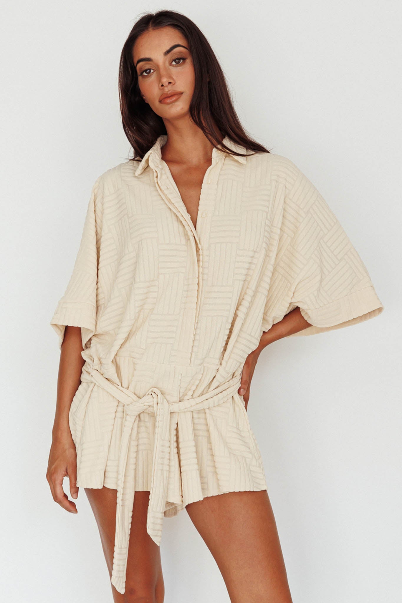 Daytona Beach Button-Up Romper Textured Beige by Selfie Leslie Australia