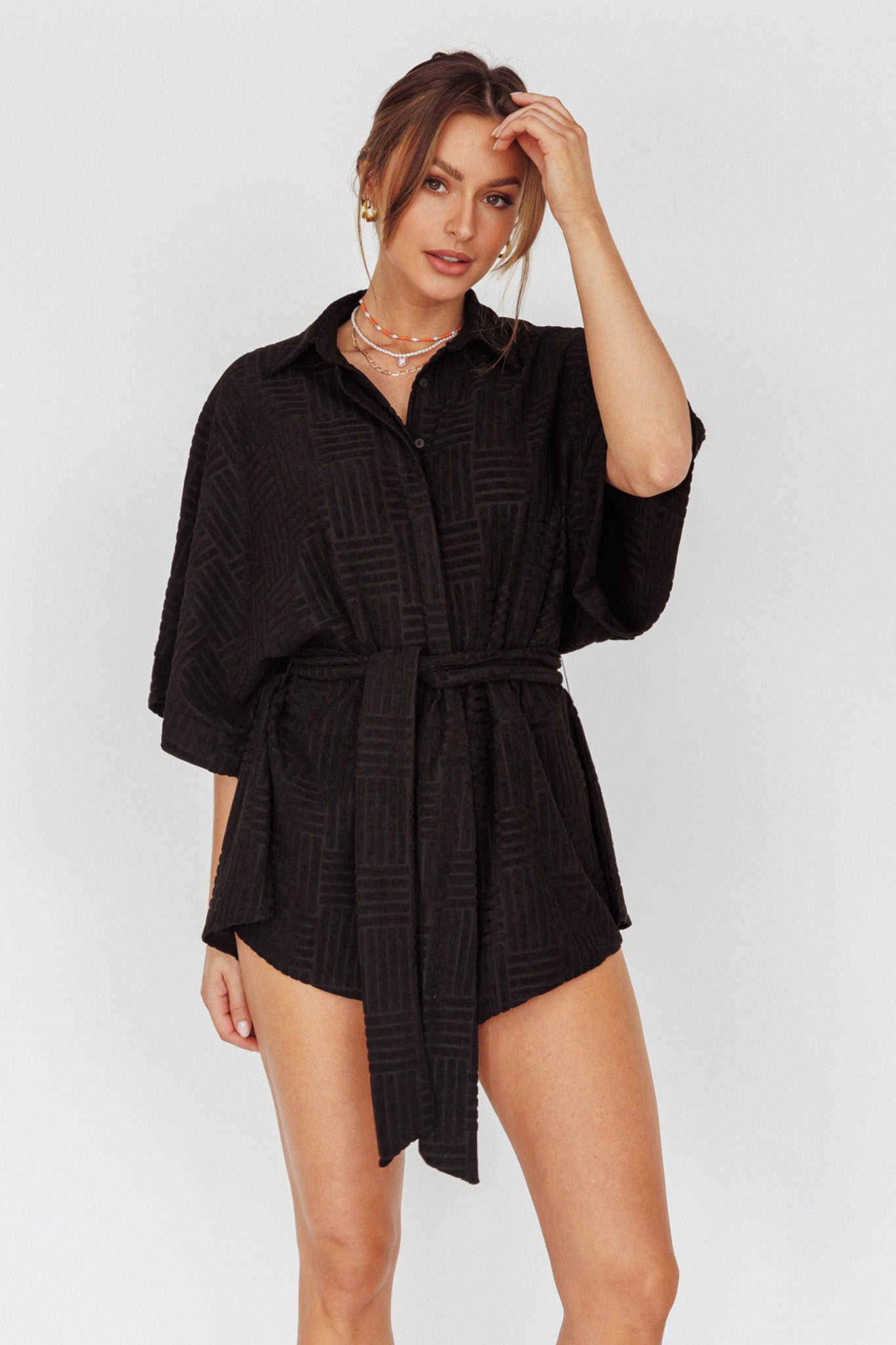 Daytona Beach Button-Up Romper Textured Black by Selfie Leslie Australia