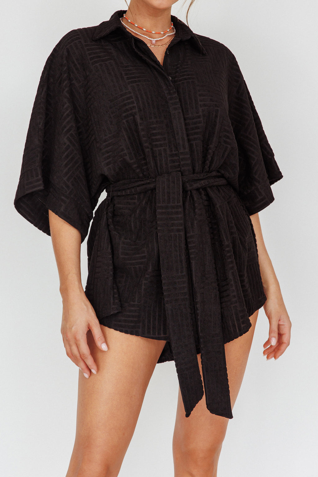 Daytona Beach Button-Up Romper Textured Black by Selfie Leslie Australia