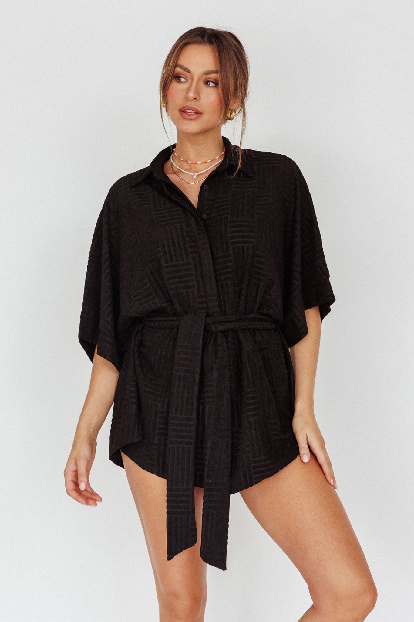 Daytona Beach Button-Up Romper Textured Black by Selfie Leslie Australia