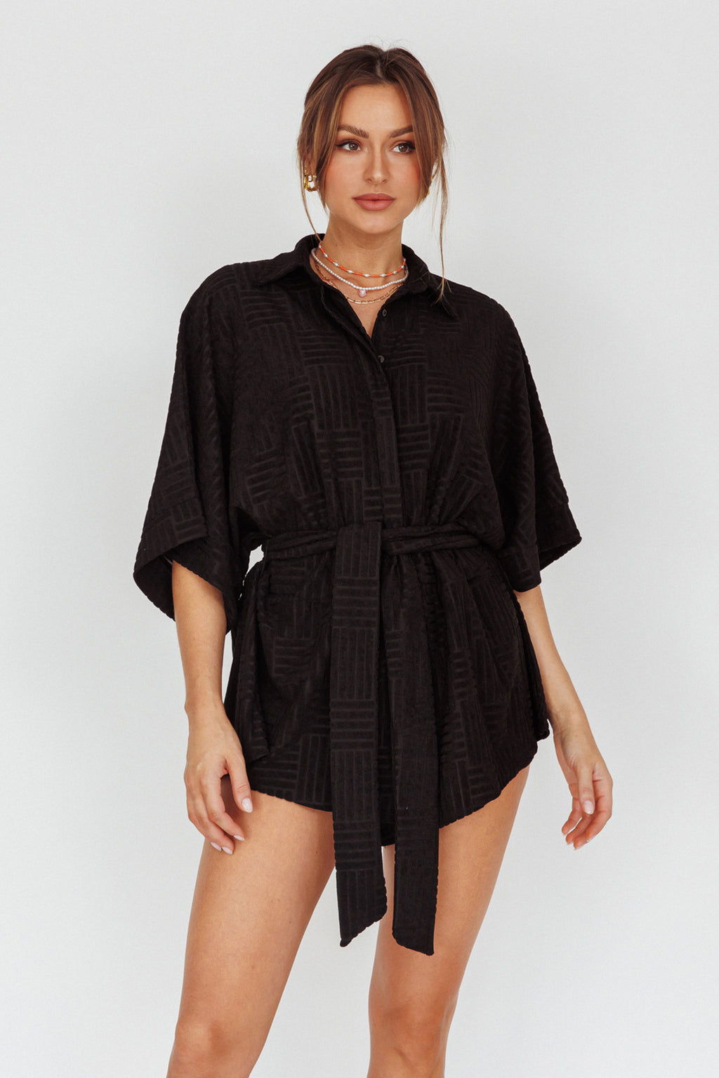 Daytona Beach Button-Up Romper Textured Black by Selfie Leslie Australia