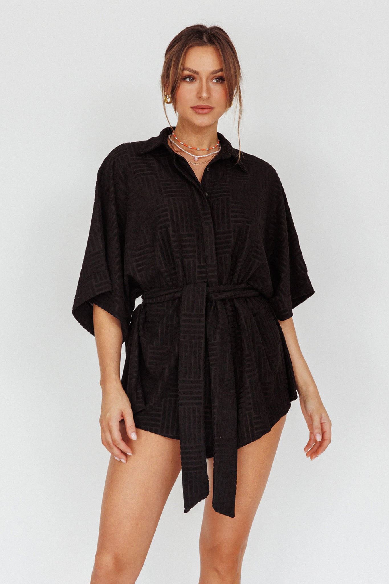 Daytona Beach Button-Up Romper Textured Black by Selfie Leslie Australia