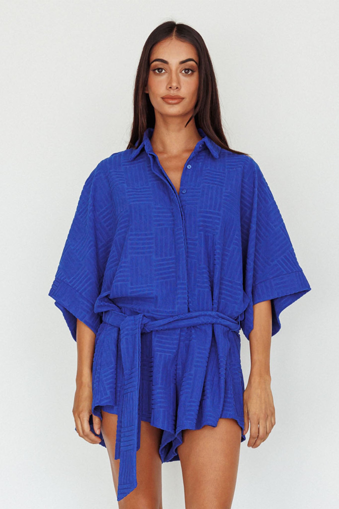 Daytona Beach Button-Up Romper Textured Blue by Selfie Leslie Australia