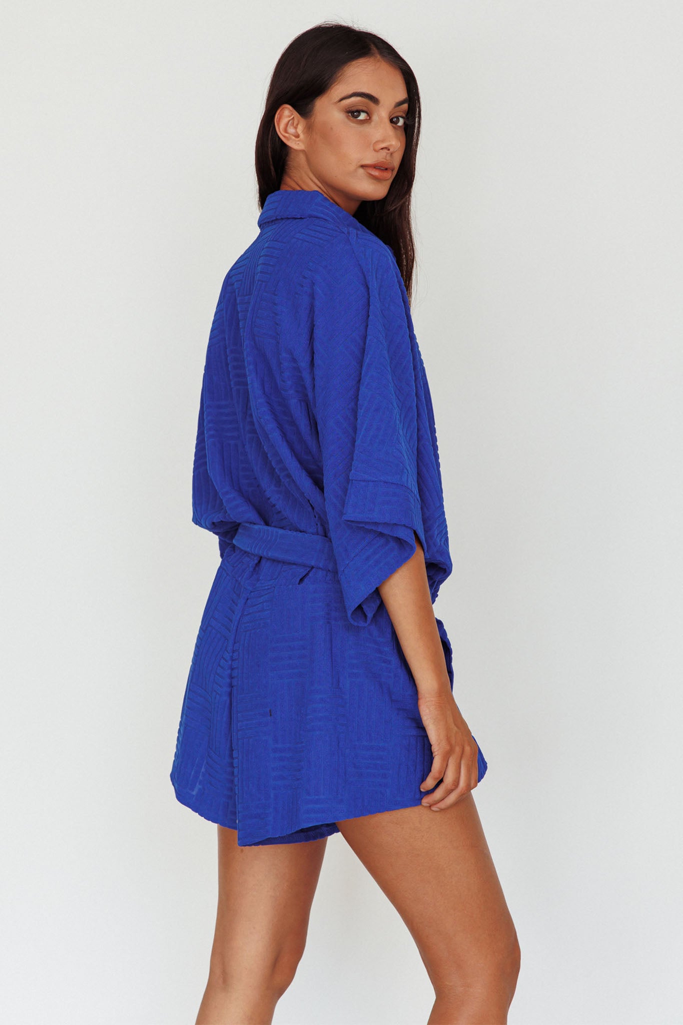 Daytona Beach Button-Up Romper Textured Blue by Selfie Leslie Australia