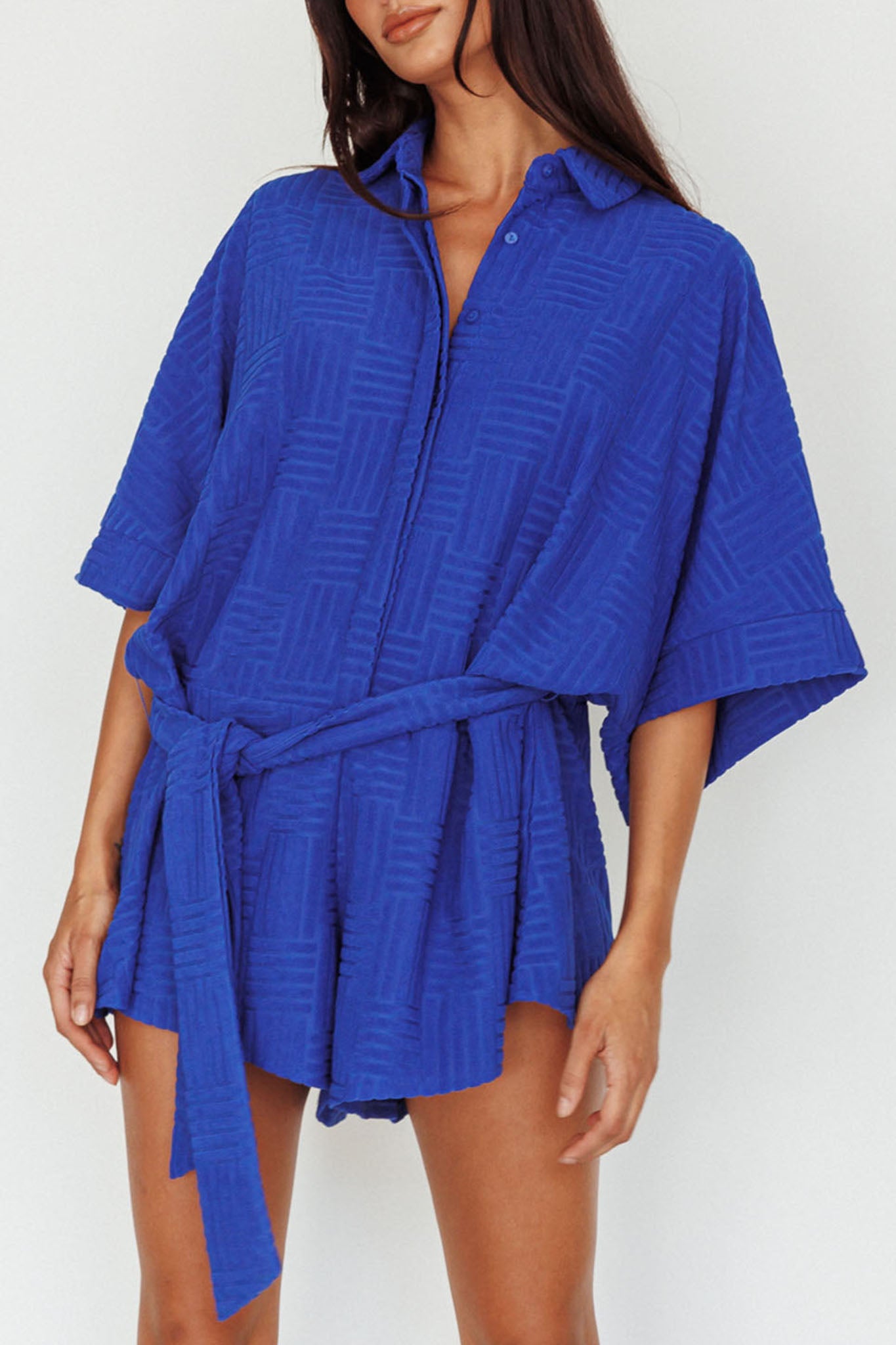 Daytona Beach Button-Up Romper Textured Blue by Selfie Leslie Australia