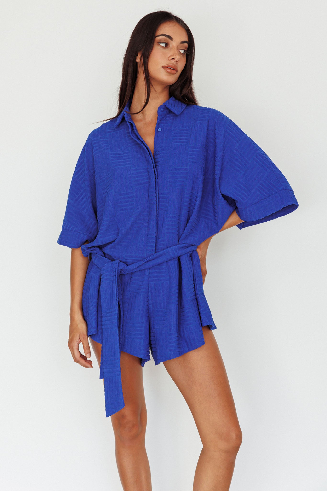 Daytona Beach Button-Up Romper Textured Blue by Selfie Leslie Australia