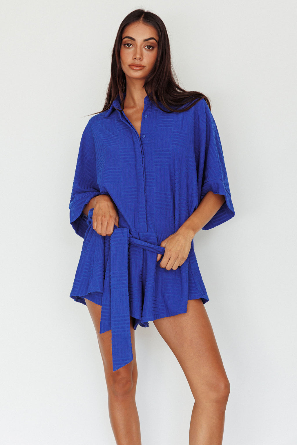 Daytona Beach Button-Up Romper Textured Blue by Selfie Leslie Australia