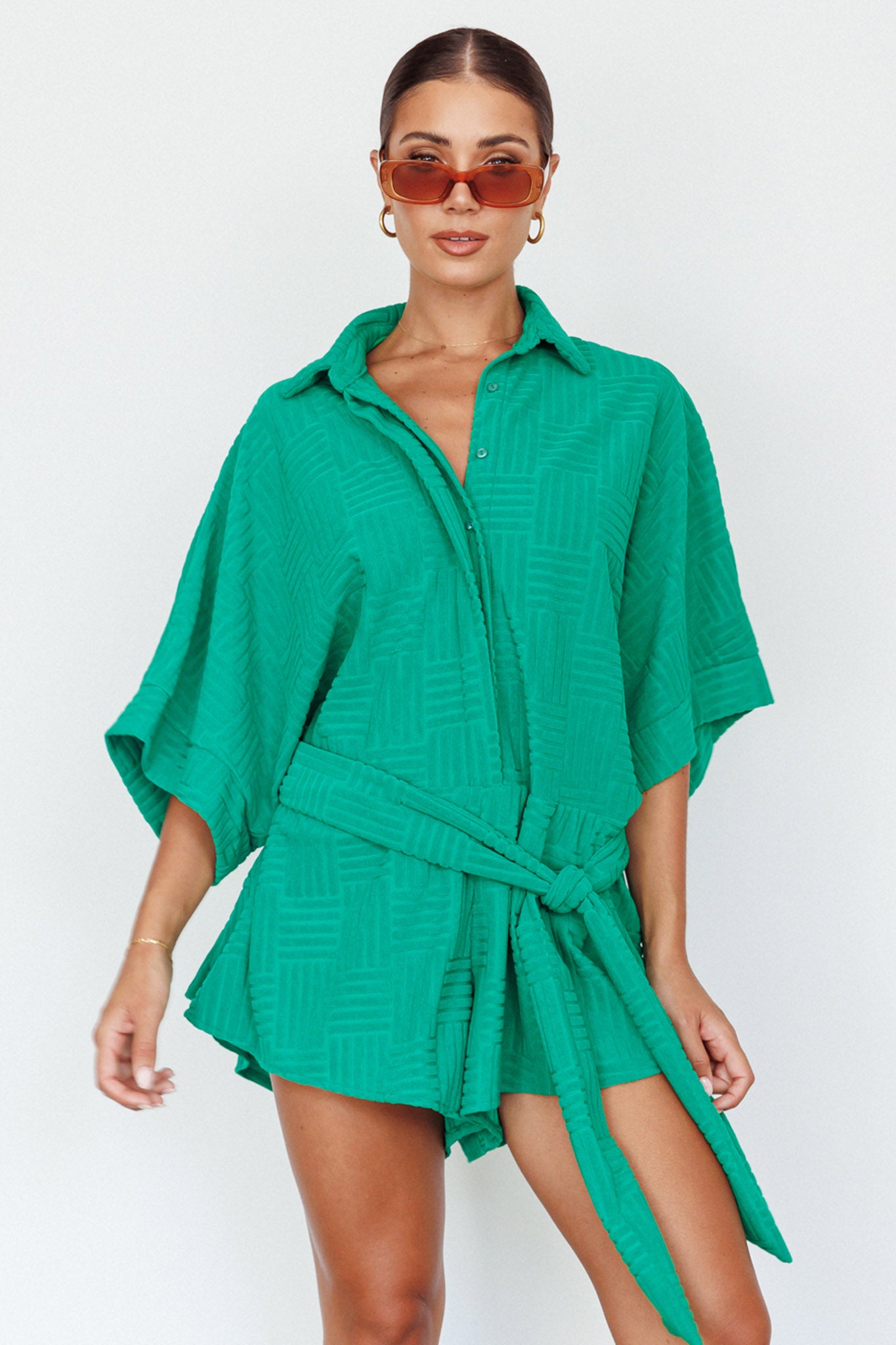 Daytona Beach Button-Up Romper Textured Green by Selfie Leslie Australia